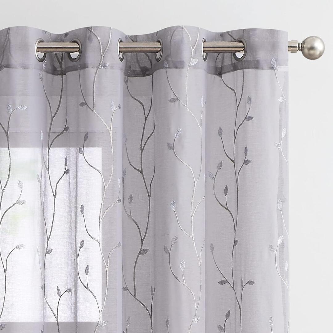 jinchan Grey Sheer Curtains for Bedroom 84 Inch Length Leaf Embroidered Semi Sheers for Living Room Botanical Embroidery Voile Transparent Grommet Window Treatments 2 Panels