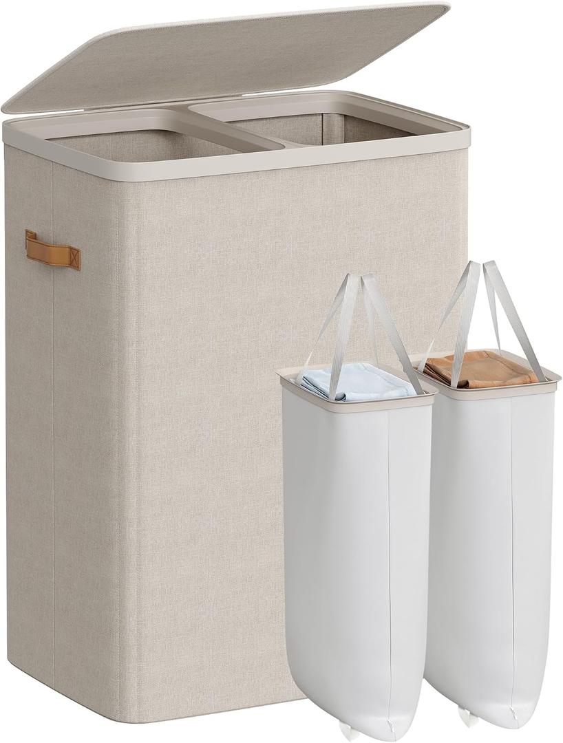 SONGMICS Laundry Basket, 44.9 Gal. Laundry Hamper, 2 Compartments, Easy Assembly, with Lid and Handles, Removable Liners, 22 x 15.7 x 29.5 Inches, Cappuccino Beige ULCB813L01, 170 L