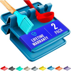 Light Blue Silicone Spoon Rest for Stove Top with Drip Pad (Two Pack) - Heat Resistant BPA Free Utensil Rest & Spoon Holder for Kitchen Counter - Grill Utensil Holder - Spatula Holder, Tongs, Ladle (Medium - 2 Packs)