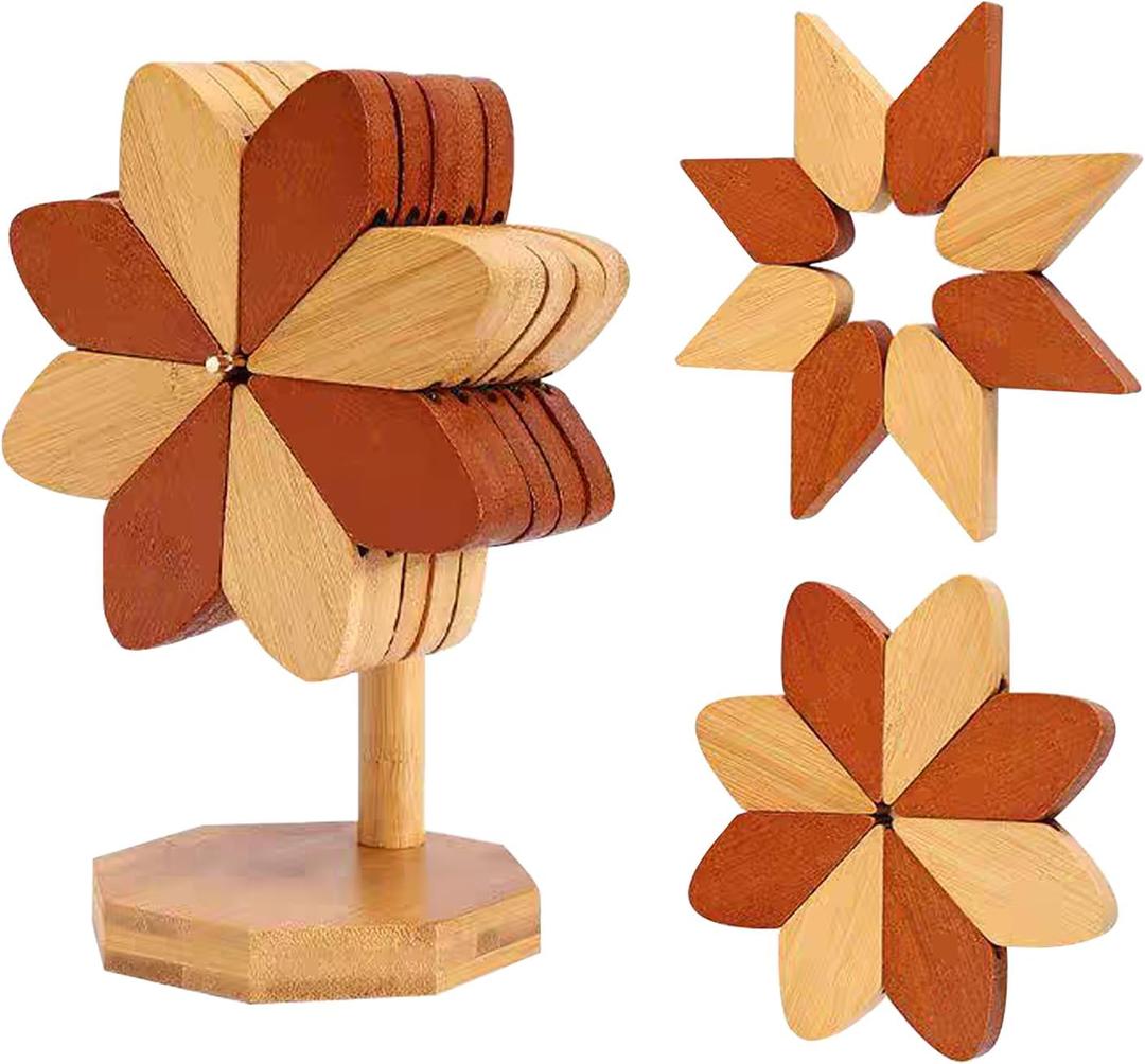 Wooden Placemats - Tree Washer Set, Wooden Pinwheel Coaster Set with Stand for Easy Storage - for Fondue pots, Pans, Bowls, teapots, Warming Trays - Versatile Decorations (Windmill placemats 5 pcs)