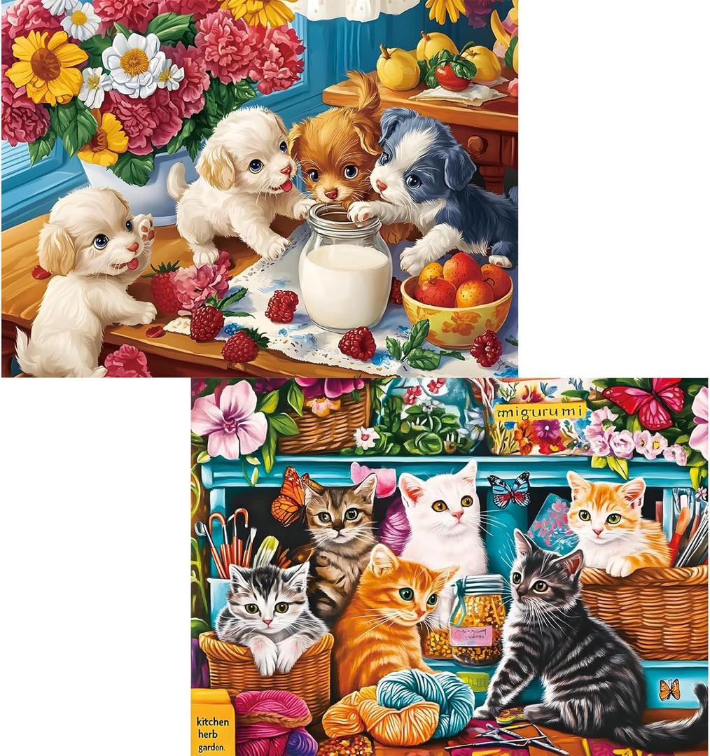 2 Pack 300 Piece Puzzle for Adults,Cute Dogs Cats Jigsaw Puzzle for Adults Teens,Large Piece Puzzle for Kids Ages 8-10 10-12,Glossy & Sturdy Pieces,Challenging Family Game Great Gift Idea,20.5x15 in