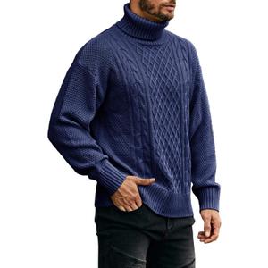 Runcati Mens Turtleneck Sweater Cable Knitted Pullover Slim Fit Long Sleeve Chunky Casual Winter Thermal Twisted Sweaters (Large, Navy)