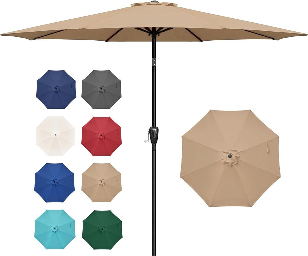 Simple Deluxe 9FT Outdoor Patio Umbrella Table Market Umbrella with Push Button Tilt and Crank, 8 Sturdy Ribs, UV Protection Waterproof for Garden, Lawn, Deck, Backyard, Pool,Tan, 1P-9ft