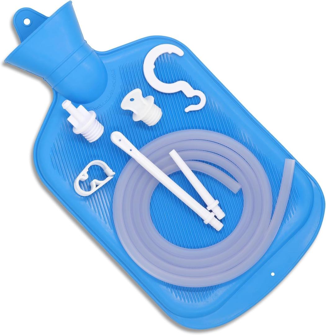 Enema Bag Kit with 5ft Hose Coffee Enemas at Home Water Shower Douche Colon Detox Cleanse Kit with Tubing, Tips, Clamp and Hook (Blue, 2 L)