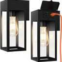 2 Pack Porch Lights Outdoor Wall Sconce, Outdoor Light with GFCI Outlet, Waterproof Exterior Wall Lantern Light Fixtures, Anti-Rust Wall Lamp with Clear Glass for Patio Doorway Garage- Black