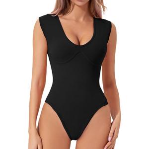 QINSEN Womens Plunge U Neck Cap Sleeve Bodysuit Soft Body Suit Tops Double Lined Shirts M