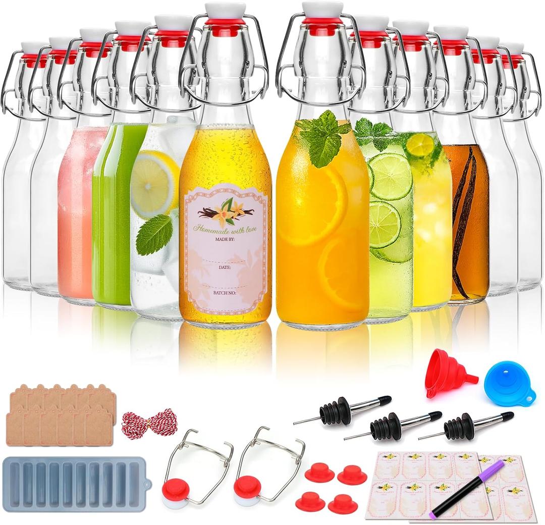 8oz Swing Top Glass Bottles - 12 Pack Flip Top Glass Bottle with Airtight Lid for Home Brewing, Fermentation, Beer, Vanilla Extract, Limoncelle, Kombucha, Kefir, Soda, Bonus Gaskets and Pourers