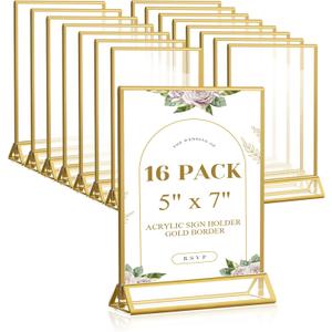 Smarpau 5x7 Gold Acrylic Sign Holder, 16 Pack Vertical Double Sided Gold Table Number Holders, Clear Picture Frame Menu Display Stand for Wedding Reception Party Banquet Home Office Restaurant
