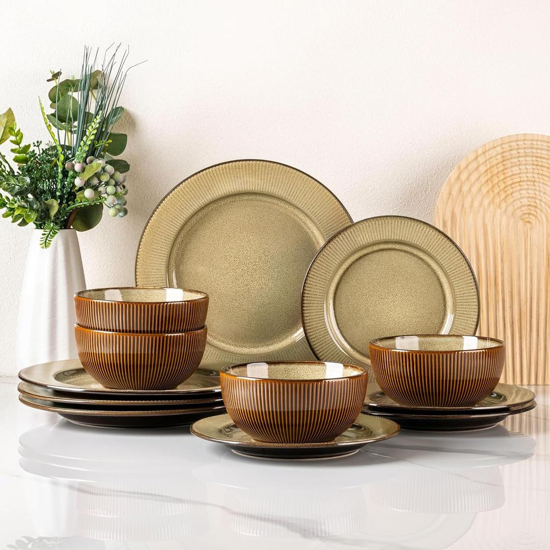 GBHOME Ceramic Dinnerware Sets,12 pcs Embossed Elegant Stoneware Plates and Bowls Sets, Housewarming Wedding Gift | Dishwasher & Microwave Safe | Dishes Set Service for 4 (Caramel)