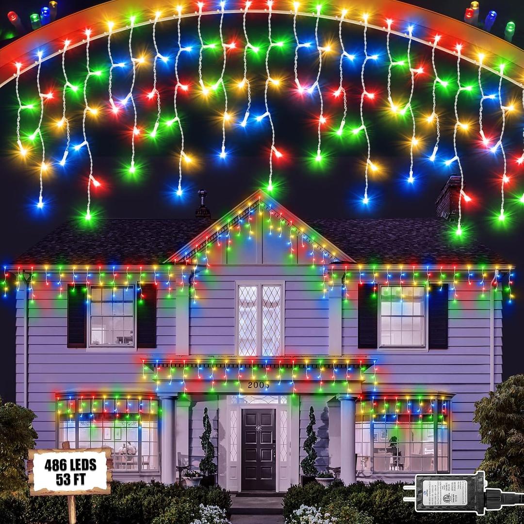Christmas Lights Outdoor, 53 FT 486 LED Christmas Lights for Outside, Timer & Memory, Plug in 8 Modes Hanging Fairy Lights with 108 Drops for House Eaves Yard Patio Holidays Decorations, Multicolor