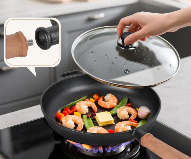 Bachdomc 12" Cast Iron Skillets with Lid & Removable Wooden Handle, PreSeasoned Frying Pan for Stove, Oven, Grill & Campfire Cooking (1, 12")