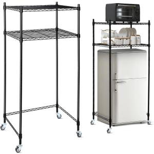 Tandefio 2 Tier Mini Fridge Stand with Storage for Dorm Microwave Stand Over Mini Fridge Storage Shelf with Wheels Adjustable Height Organizer for Kitchen College Rooms Pantry(Black), 23.6 inches x 17.7 inches x 51.91 inches