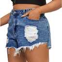 MapleHub Plus Size Denim Shorts Women High Waisted Ripped Folded Hem Jean Shorts (Blue)
