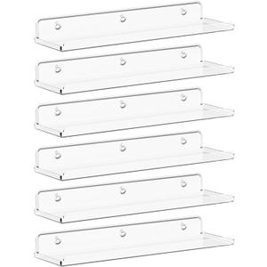 Lifewit Floating Shelves for Wall, 6 Pack 15" Clear Acrylic Shelf Room Decor for Book/Figures/Photo/Makeup in Bathroom, Book Shelf, Living Room, Bedroom, Kitchen Storage and Organization
