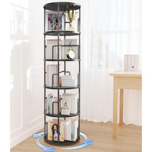 5 Tier Rotating Bookshelf Tower Round Black,62”Tall Standing Spinning Bookshelf Tower Anti-Tipping Design,Metal & Wood Revolving Bookcase Stackable Space Saving for Small Spaces,Study,Living Room