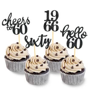 24 Pcs Glitter 60th Birthday Cupcake Toppers for Celebrating 60th Birthday Party Decorations for Sixty Years Old Birthday Party Supplies (Black)