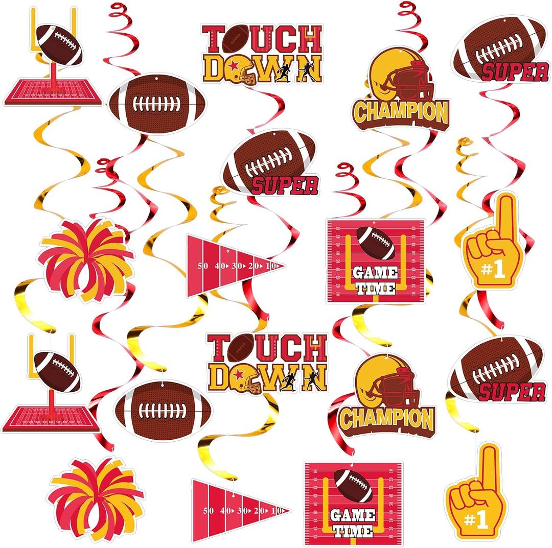 30 Pcs Chiefs Football Party Hanging Swirls Decorations Red and Gold in My Football Era Birthday Party Decoration for Sport Theme Tailgate Game Parties Supply