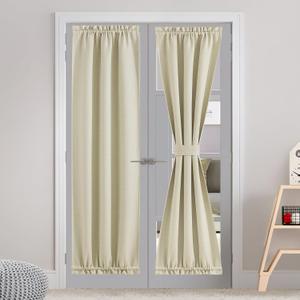 NICETOWN French Linen Blackout Door Curtain Set of 1 - Farmhouse Style Thermal Insulated Dual Rod Pocket Blackout Door Curtain for Privacy Window Including Adjustable Tieback, 30 x 72 inches, Beige