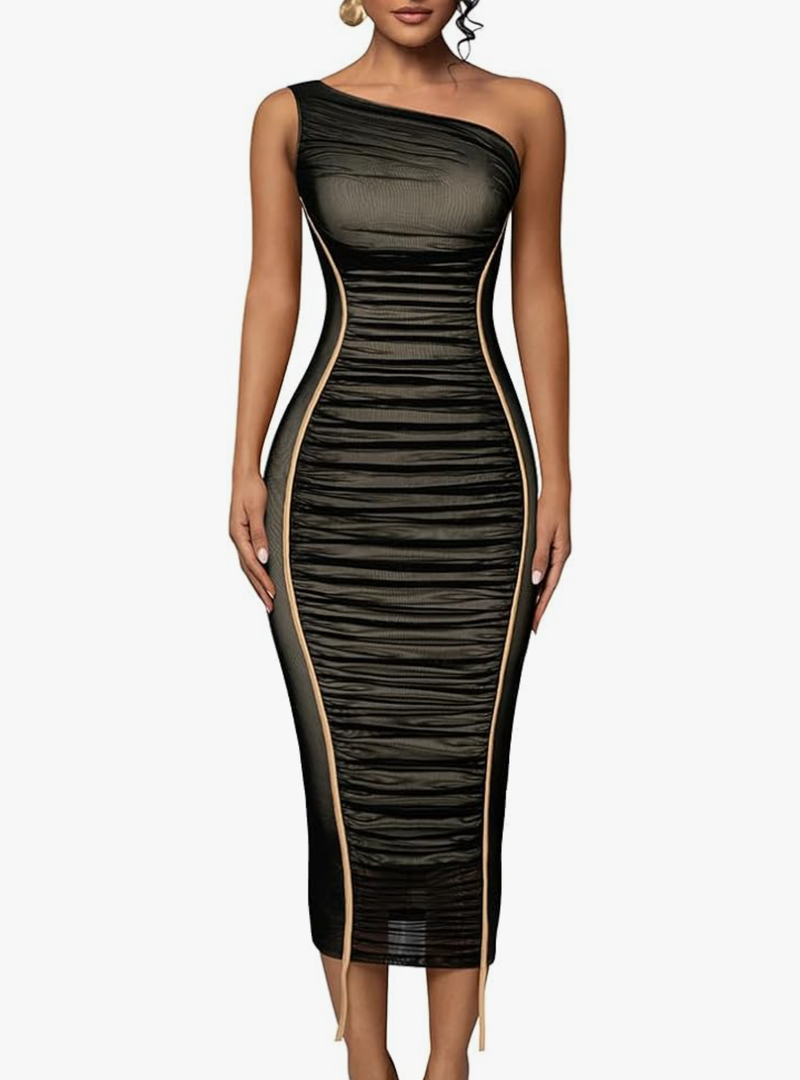 LAGSHIAN Women's Sexy Bodycon Cocktail One Shoulder Sleeveless Mesh Ruched Midi Party Dress, XL