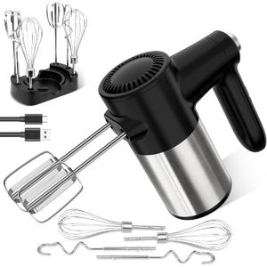 Cordless Electric Hand Mixer, 7 Speed Rechargeable Wireless Handheld Mixer with Eject Button, Long Battery, Quiet Anti-Splash, 6304 Stainless Steel Attachments & Storage Base for Baking (Black)