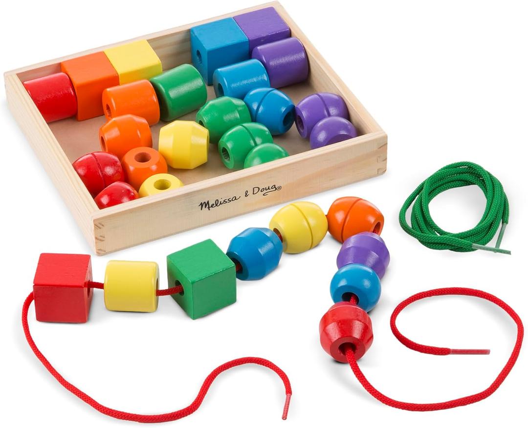 Melissa & Doug Primary Lacing Beads  30 Wooden Beads for Crafts & 2 Laces in Toy Storage Box, Small Beads for Kids Arts and Crafts Kits, Preschool Learning Toys for Girls & Boys Ages 3+