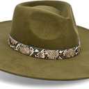 FLUFFY SENSE. Big Wide Brim Boho Western Hat for Women and Men - Felt Rancher Fedora Hat with 4 inches Flat Brim (Green, M)