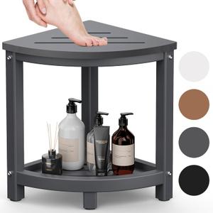 Shower Stool for Inside Shower, Corner Shower Bench Seat, HDPE Waterproof Shower Stool for Shaving Legs with Baffle Storage Shelf, Shower Seat/Foot Rest for Bathroom, Indoor/Outdoor Use, Grey