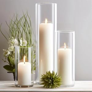 Sandraheer 12 White Pillar Candles and Clear Hurricane Glass Candle Holders | 6 Dripless Unscented Long Burn Candles and 6 Clear Glass Cylinder Vases 3 Sizes Ideal for Weddings Home and Party Decor