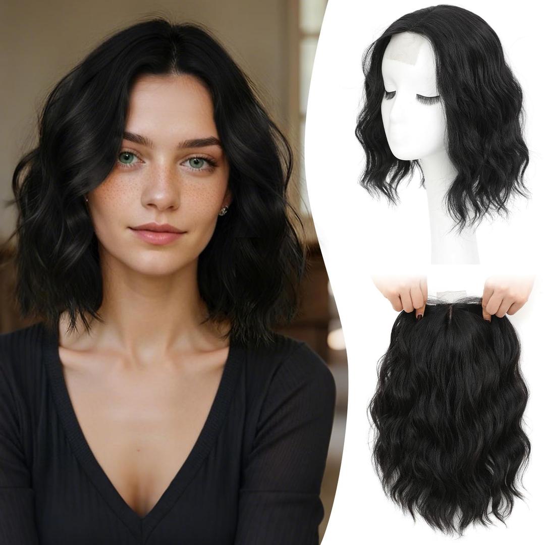 MORICHY Hair Toppers for Women With Thinning Hair 10 Inch, 360 3D Synthetic Lightweight & Breathable Short Wavy With 6.5"x6.5" Base, Quick Styling for Daily Wear (Natural Black)