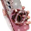 Magnetic for Samsung Galaxy S25 Plus Glitter Kickstand Case, [Compatible with MagSafe] Makeup Mirror Cute Bling Rhinestone Girl Woman Cover Camera Lens Protector Ring Holder for S25+ (Pink)