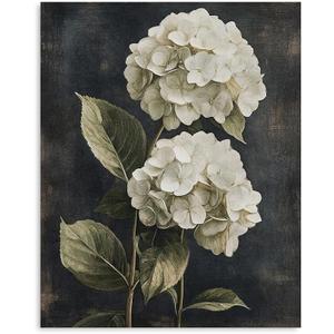 White Hydrangea Flower Canvas Wall Art | Vintage Botanical Floral Print | Farmhouse Rustic Plant Artwork for Bedroom Living Room Office Wall Decor | Ready to Hang Nature Gift | 12x15 inch