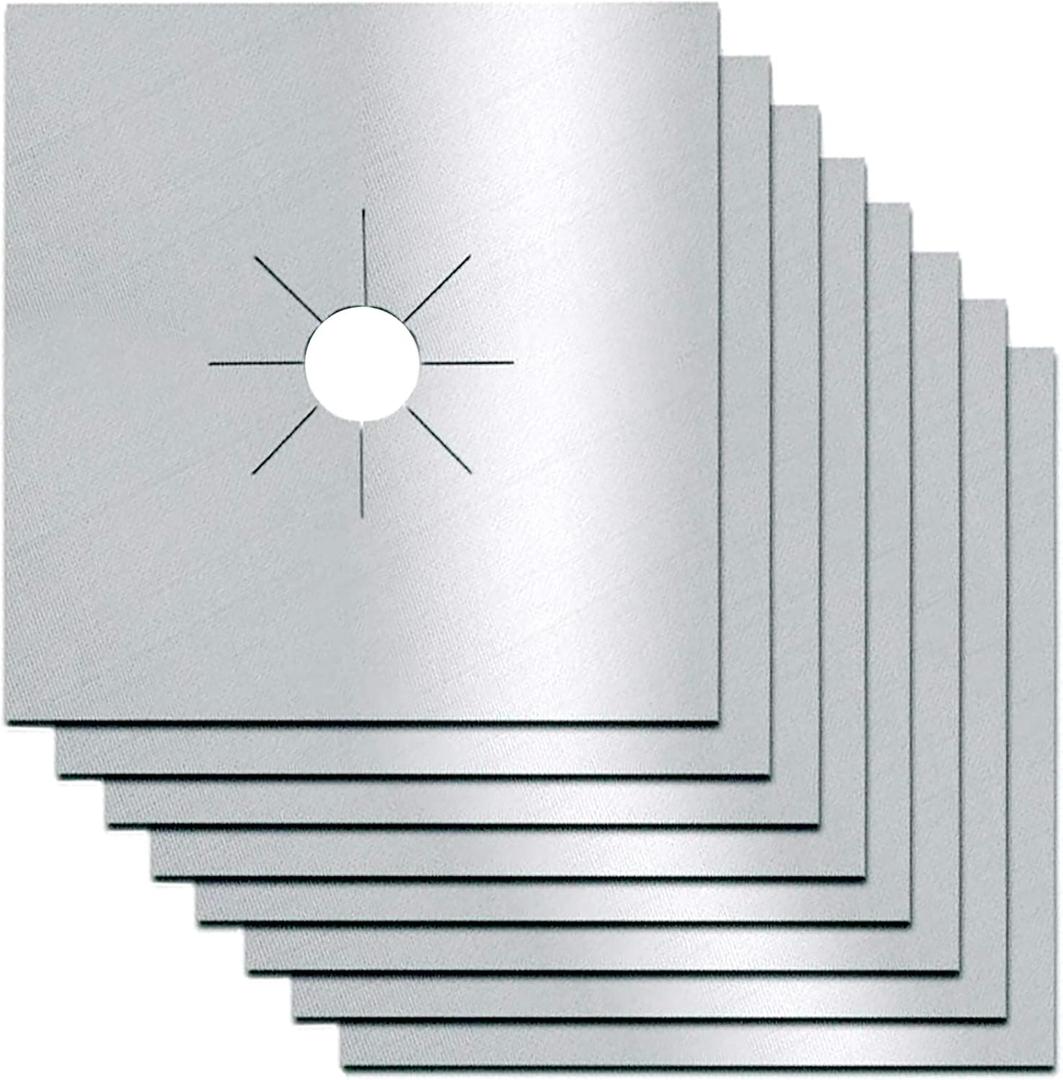 Stove Burner Covers, 0.3 MM Double Thickness, 8 Pack, Gas Stove Burner Liners, Non-stick Reusable Gas Range Stove Top Covers for Kitchen, Cuttable, Easy to Clean, Silver, Size 10.6” x 10.6”