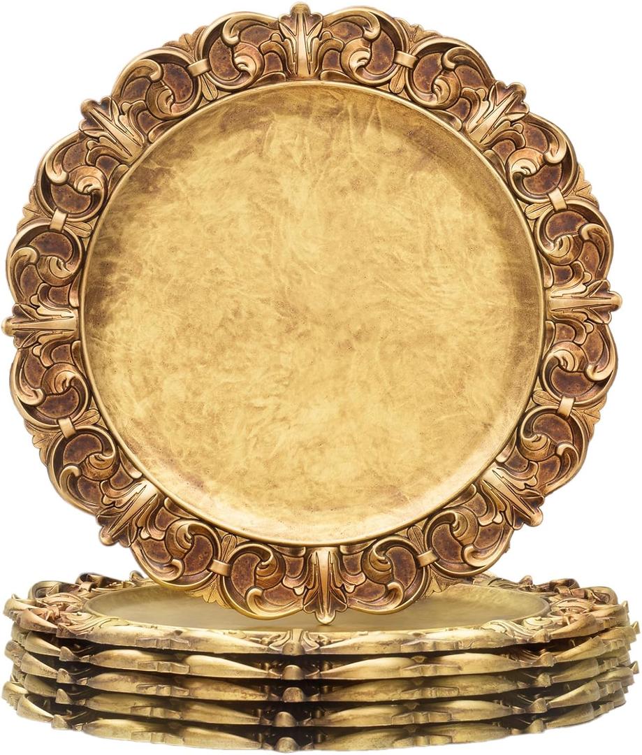 MAONAME 14" Antique Gold Charger Plates with Embossed Rims, Set of 6, Plastic Plate Chargers for Dinner Plates, Table Setting