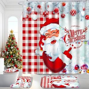 Poedist Christmas Bathroom Set Decor, Shower Curtain Sets with Rugs(Bath Mat, U Shape & Toilet Lid Cover Mat), with 12 Hooks, Christmas Santa Claus