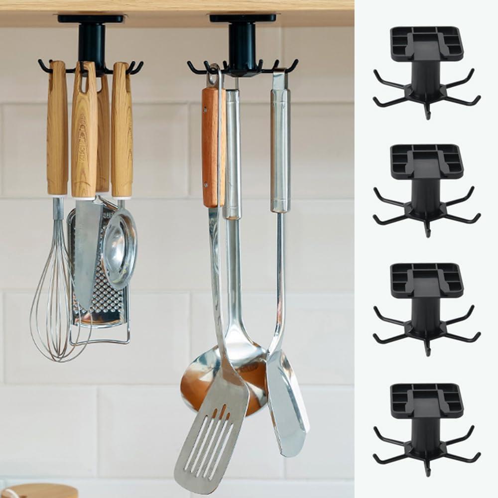 4 PCS Under Cabinet Kitchen Utensil Hooks 360 Rotation Adhesive Nail Free Hanging Rack for Kitchen Utensils, Tools, Towel, Knife (Black)