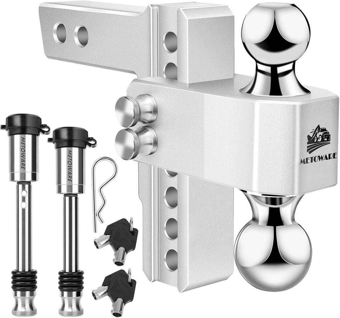 METOWARE Adjustable Trailer Hitch - Aluminum Tow Hitch Fits 2-Inch Receiver - Heavy Duty Drop Hitch with 6-Inch Drop/Rise for Truck (14,000 LBS GTW), Double Stainless Steel Locks & Hitch Pin (Black)