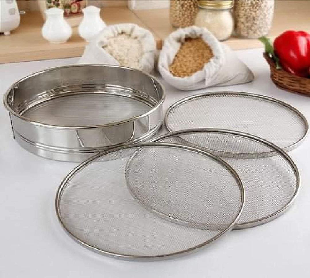BHATI 4 in 1 Stainless Steel Interchangeable Sieve Set of 5, Flour Chalni, Spices, Food Strainers, Atta Chalni, Jaali Channi Atta Maida Strainer, Set of 5, Silver