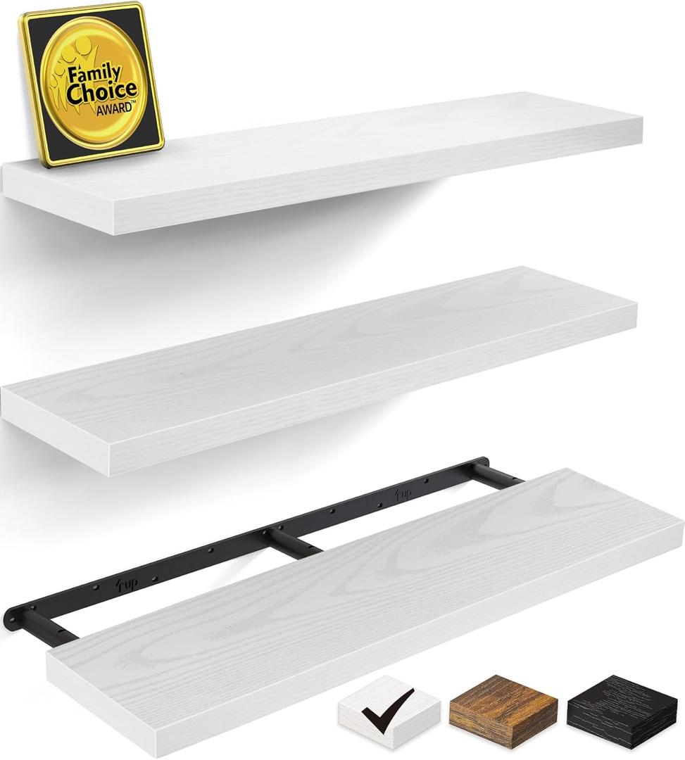 BAYKA White Floating Shelves for Wall, 36 inches Wall Mounted Rustic Wood Shelves for Bathroom, Bedroom, Living Room, for Books/Storage/DecorSet of 3 (C. White - Modern Minimalist Style)