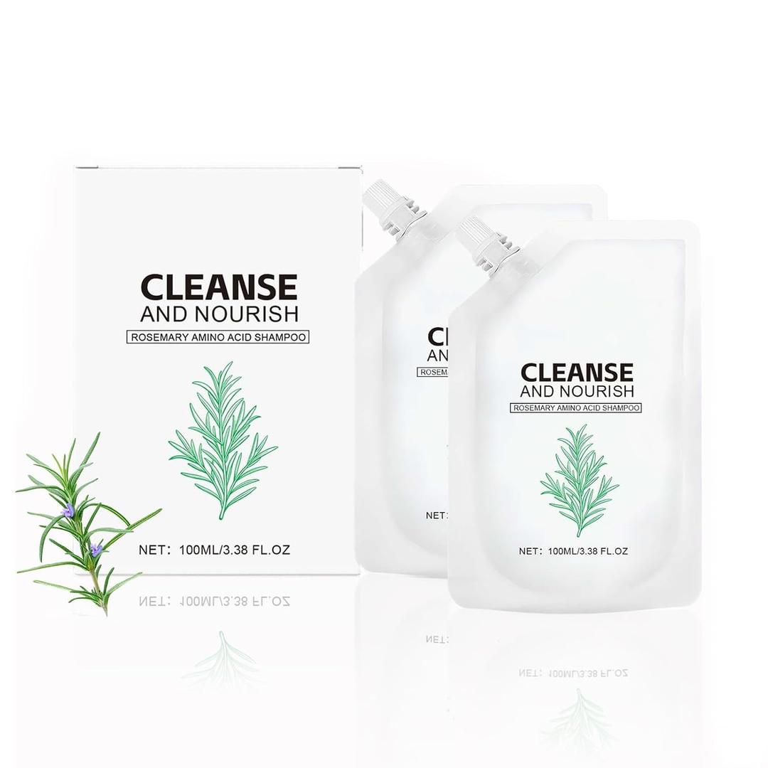 Rosemary Shampoo for Oily Scalp, Amino Acid Cleanser for Thin Hair, 2 Pack | Pocket-friendly pouch set with creamy lather, clean herbal scent and lightweight feel for gym, travel and daily routines