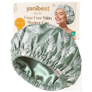 Yanibest Satin Lined Shower Cap for Women Reusable Waterproof, Frizz Free & Large Bath Cap with Soft Elastic Band, Luxury Hair Protection Caps (Green Leaves)