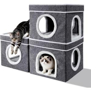 Cat Bed for Indoor Cats Cube House,Bedsure Cat Beds for Indoor Cats - Large Cat Cave for Pet Cat HouseFoldable Cat Hideaway,DIY Free Combination Configurable Play Tower Condo for Cats（3 piece）