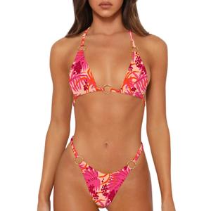 Sexy Bikinis for Women 2 Piece Bikini Spaghetti Strap Swimsuits Solid Color Bathing Swimwear Triangle Bathing Suit (Medium, Flower 7)
