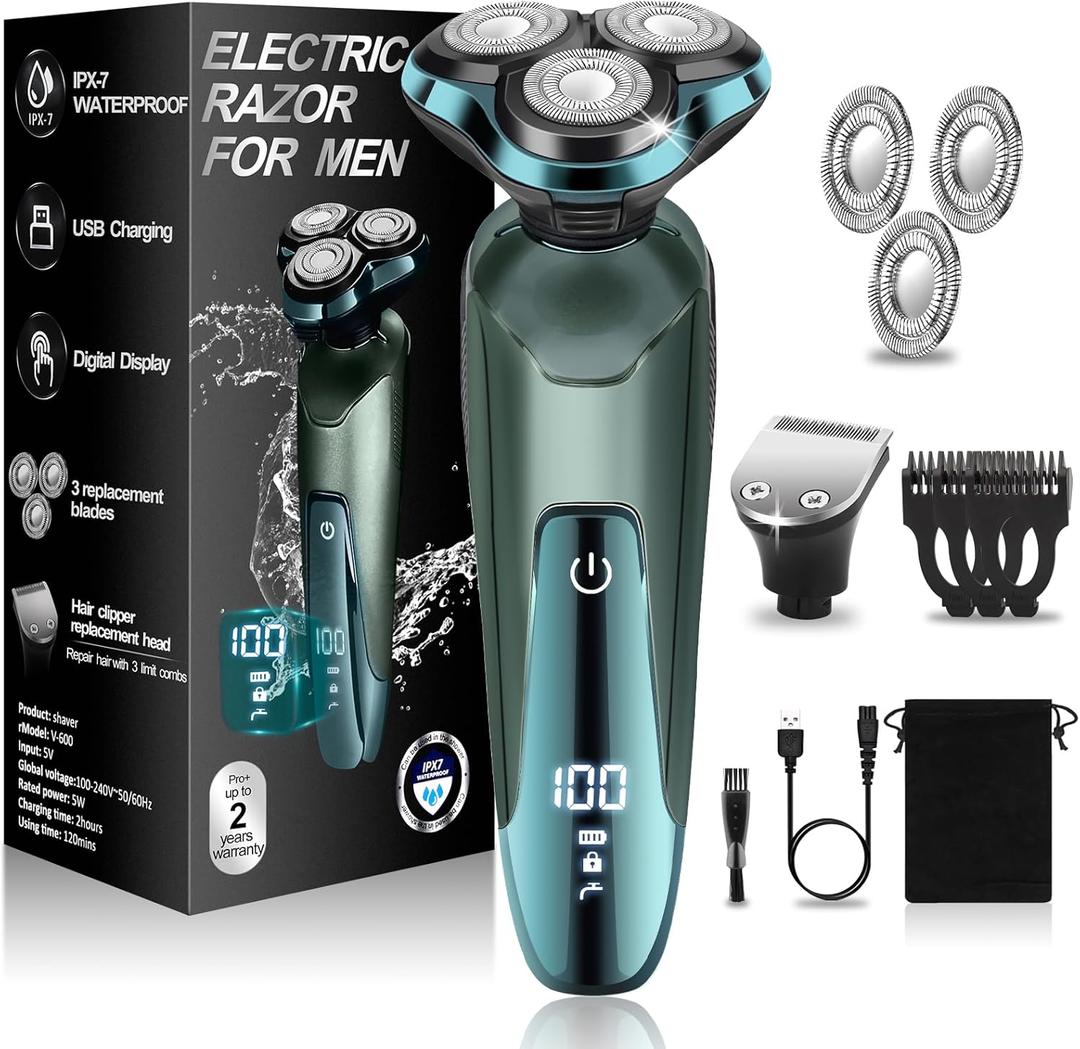 Electric Razor for Men,Mens Razors for Shaving face,LED Display/Waterproof/Rechargeable Electric Shaver for Men Includes Replacement Blades,Travel Razor Idea Gift (Green)