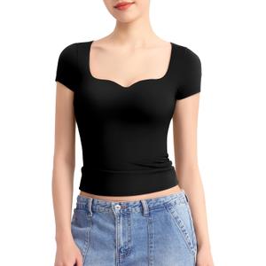 PUMIEY Women's Tops Sweetheart Neck Short Sleeve Going Out Top Cute T Shirts Slim Fitted Sexy Tee Smoke Cloud Pro Collection (Large)