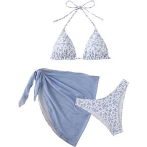 SHENHE Women's 3 Piece Floral Bikini Set with Wrap Coverup Halter Triangle Swimsuits (X-Large)