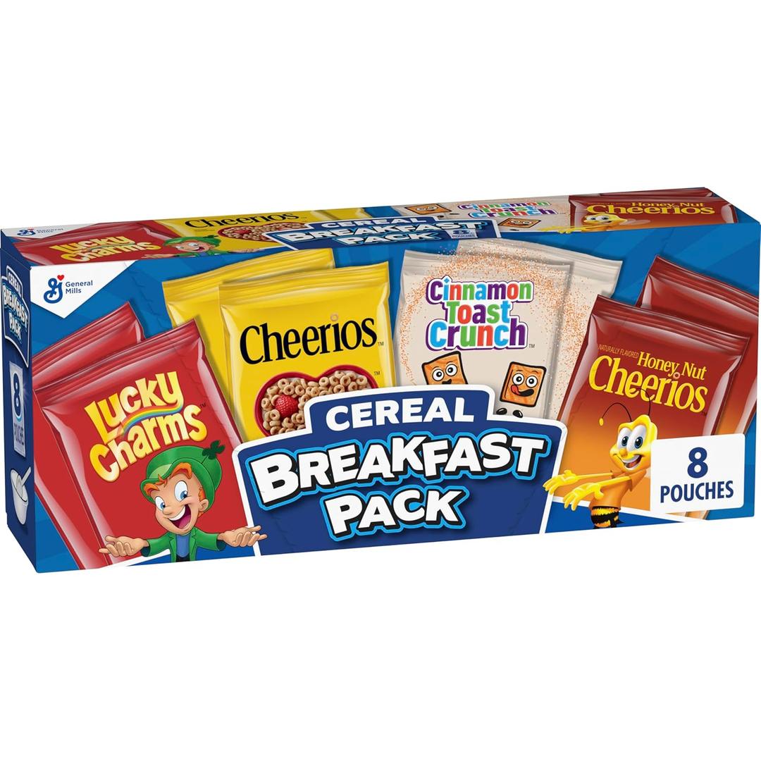 General Mills Cereal Variety Pack, Lucky Charms, Cinnamon Toast Crunch, Cheerios, and Honey Nut Cheerios, 8 Single Serve Pouches, 9.14 oz (EXP 03/22/26)