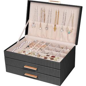 Dajasan Jewelry Box Organizer, 3-Tier Jewelry Storage with 2 Drawers, Large Jewelry Boxes for Women, PU Leather Surface with Texture, Gift Idea, Modern Style, 10.71 x 7 x 5.6 Inches (Black)