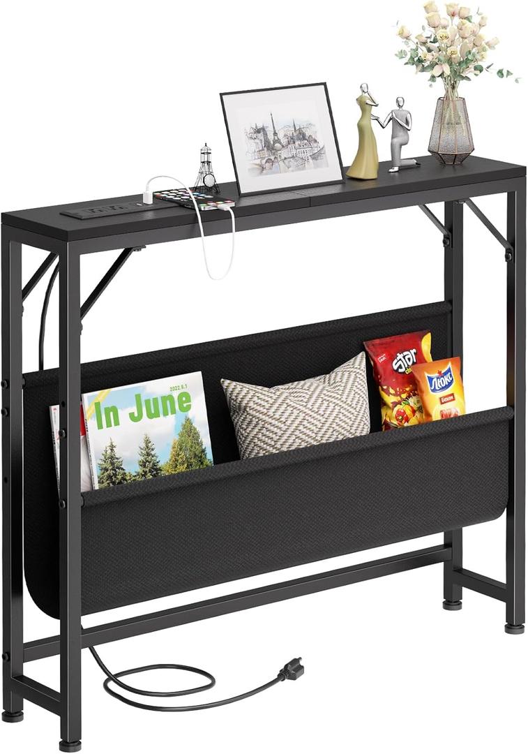 31.5'' Small Console Table with Charging Station and Storage, Entryway Table Narrow with Power Outlets and USB Ports, Skinny Sofa Table, for Living Room, Foyer, Entryway, Hallway, Black