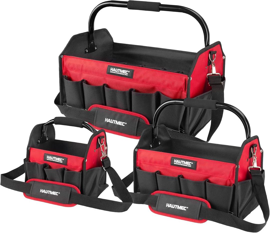 HAUTMEC 3-Piece Heavy Duty Tool Tote, 1680D Open Top Tool Bag Organizer with Rigid Frame, Rotating Handle & Padded Shoulder Strap, Water-Resistant Base, Multi-Pocket Tool Storage Bag HTTBH25052