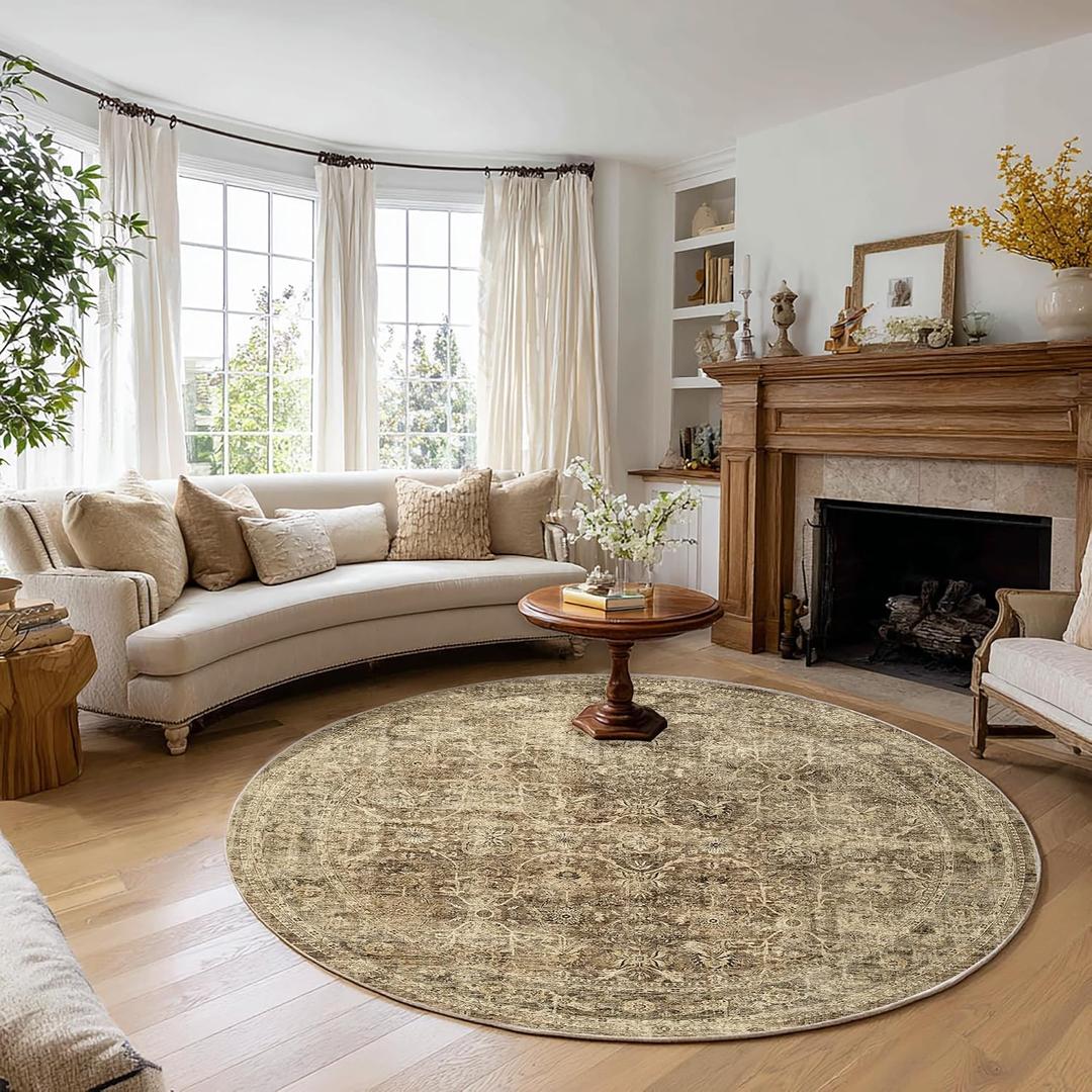 FMFUNCTEX 8ft Round Washable Area Rug Brown Vintage Neutral Distressed Large Non Slip Carpet for Living Room Bedroom Soft Low Pile Indoor Mat Retro Floral Throw Rug for Dining Kitchen Office Nursery